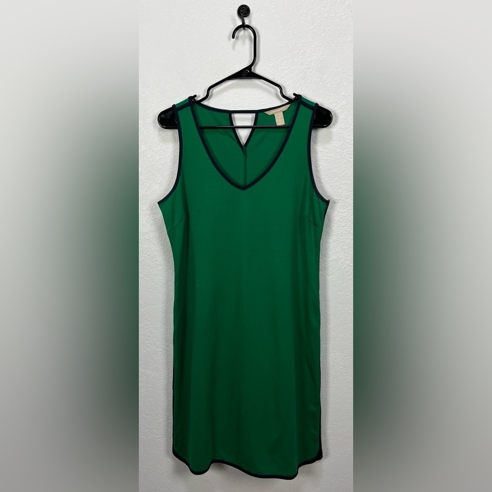 Banana Republic Emerald Green Midi Dress Navy Accents Sleeveless Sz M TC0676